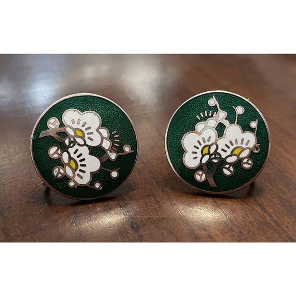 Vintage Japanese Cloisonne Earrings Enamel Screw Back Floral - Picture 1 of 4
